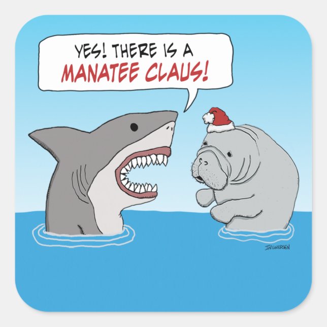 Cute and funny shark and Manatee Claus Square Sticker (Front)