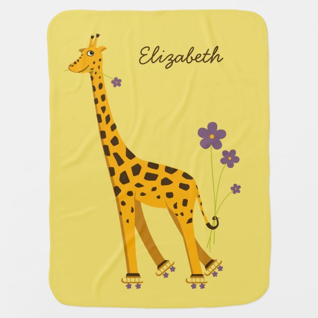 Cute And Funny Skating Giraffe Name Receiving Blanket (Front)