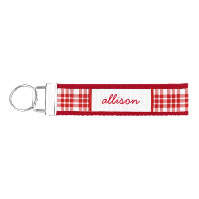 Cute and Girly Custom Name Red Plaid A04 Wrist Keychain (Keys on Left)