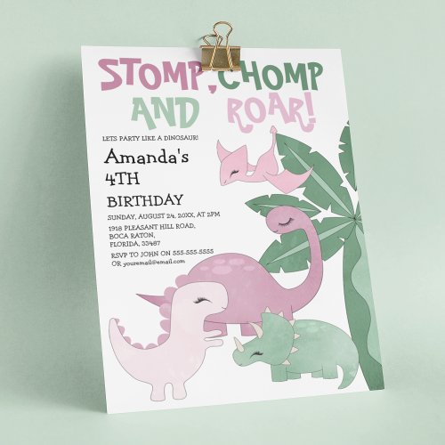 Cute And Girly Dinosaur Birthday Party Invitation