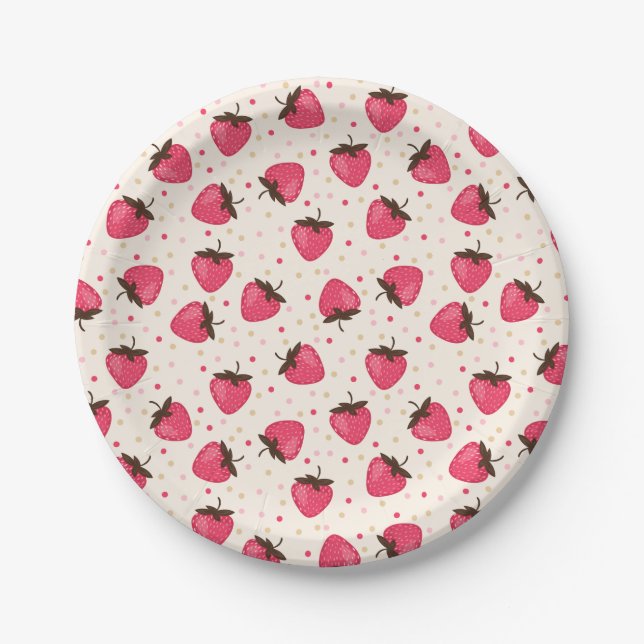 Cute and Girly Pink Strawberries Pattern Paper Plates (Front)