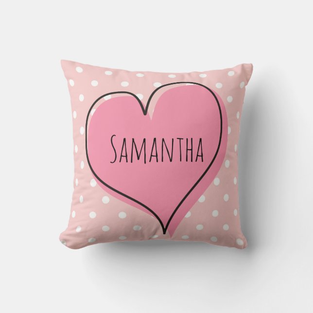 Cute and girly polka dots with a heart throw pillow (Front)