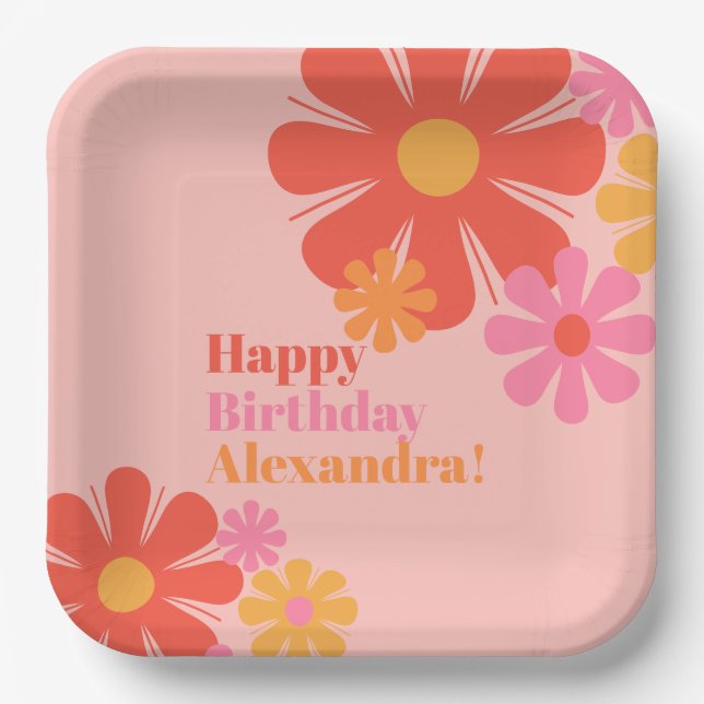 Cute and Groovy Retro Flowers Happy Birthday Pink Paper Plates (Front)