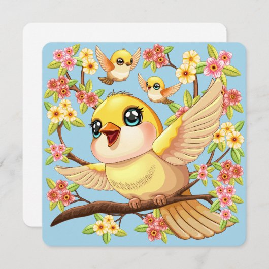 Cute and Happy Birds among Spring Flowers (Front/Back)