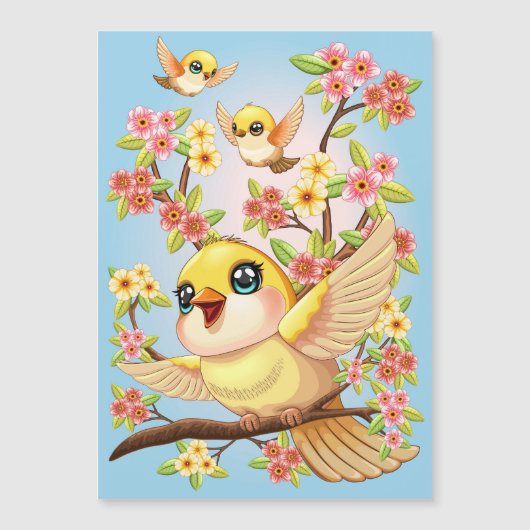 Cute and Happy Birds among Spring Flowers (Front)
