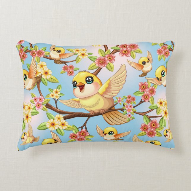 Cute and Happy Birds among Spring Flowers Accent Pillow (Front)