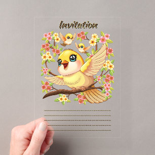 Cute and Happy Birds among Spring Flowers Acrylic Invitations