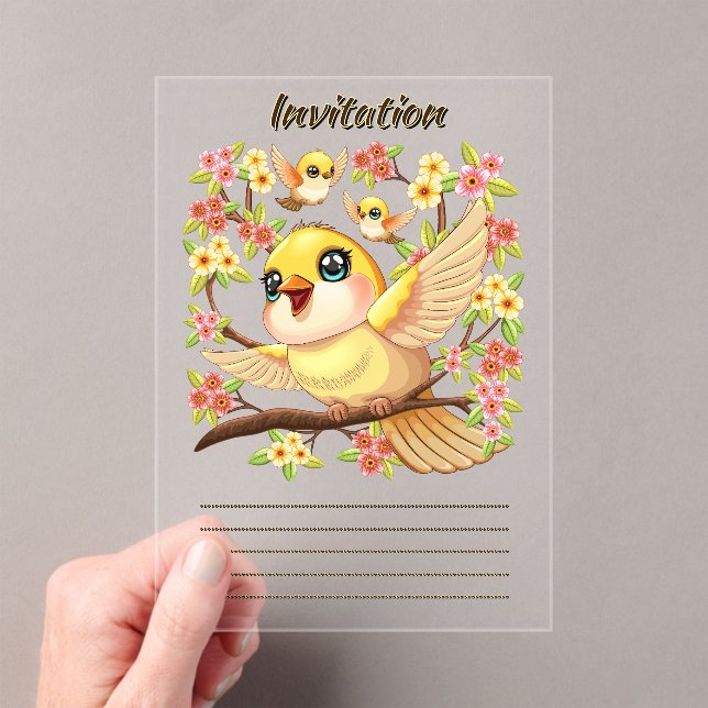 Cute and Happy Birds among Spring Flowers Acrylic Invitations (Insitu (Handheld))