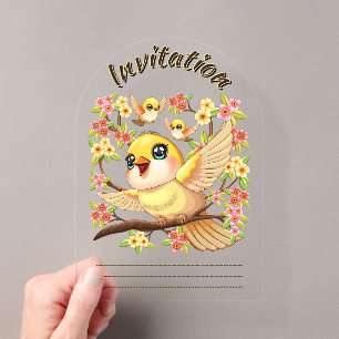 Cute and Happy Birds among Spring Flowers Acrylic Invitations