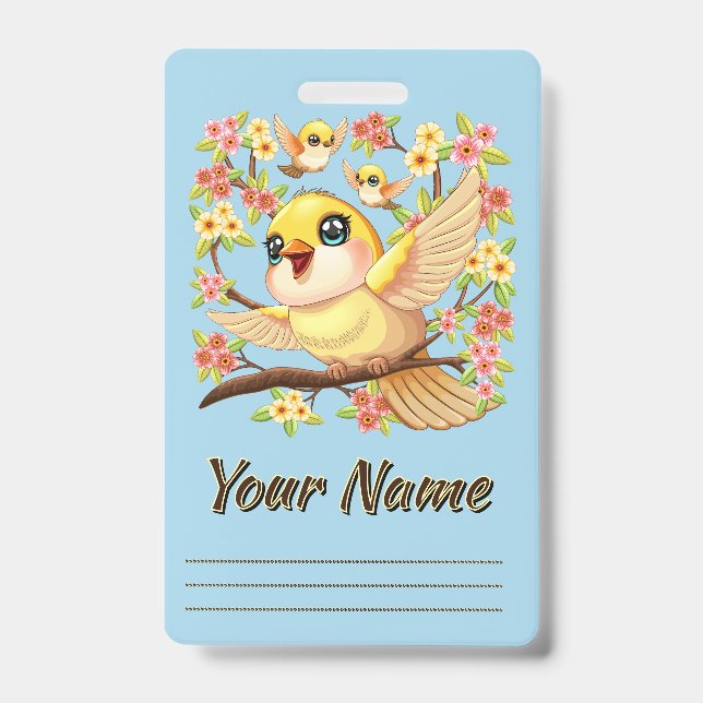 Cute and Happy Birds among Spring Flowers Badge (Front)