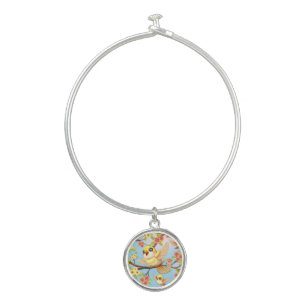 Cute and Happy Birds among Spring Flowers Bangle Bracelet