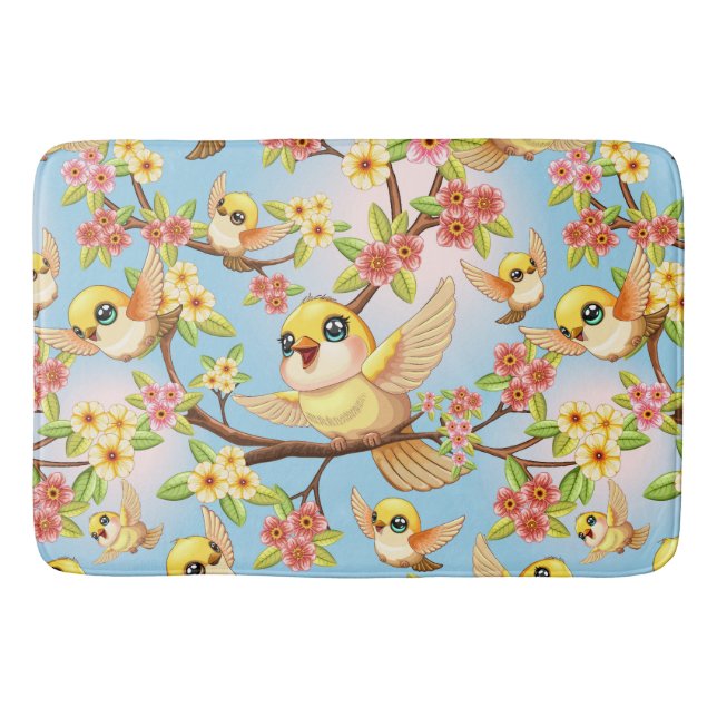 Cute and Happy Birds among Spring Flowers Bath Mat (Front)