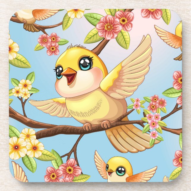 Cute and Happy Birds among Spring Flowers Beverage Coaster (Front)
