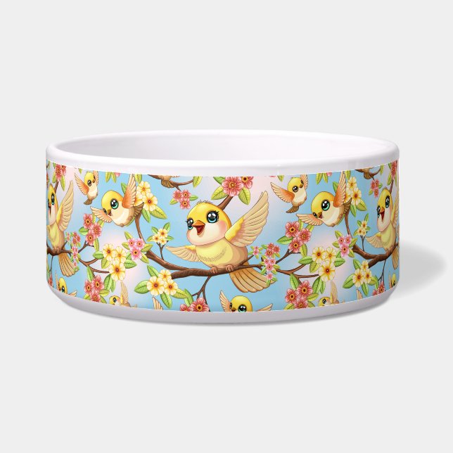 Cute and Happy Birds among Spring Flowers Bowl (Front)