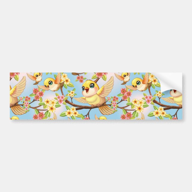 Cute and Happy Birds among Spring Flowers Bumper Sticker (Front)