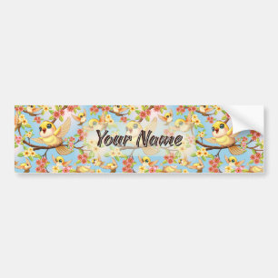 Cute and Happy Birds among Spring Flowers Bumper Sticker