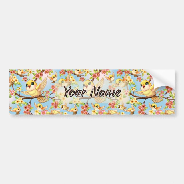 Cute and Happy Birds among Spring Flowers Bumper Sticker (Front)