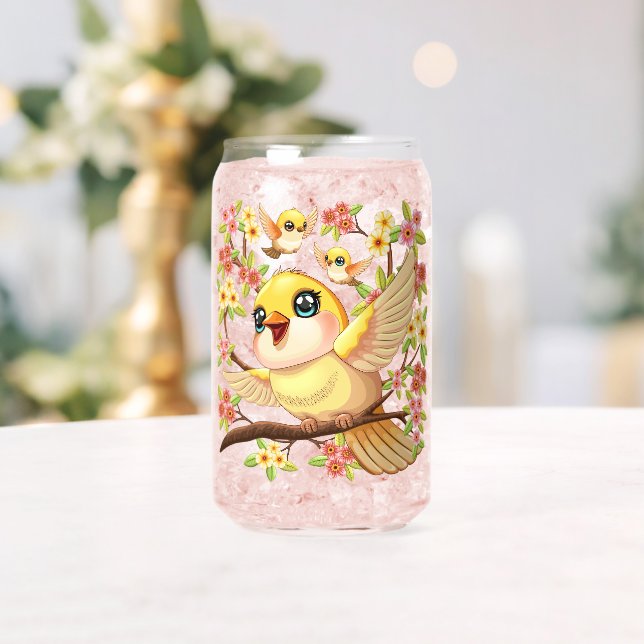 Cute and Happy Birds among Spring Flowers Can Glass (Insitu (Wedding))