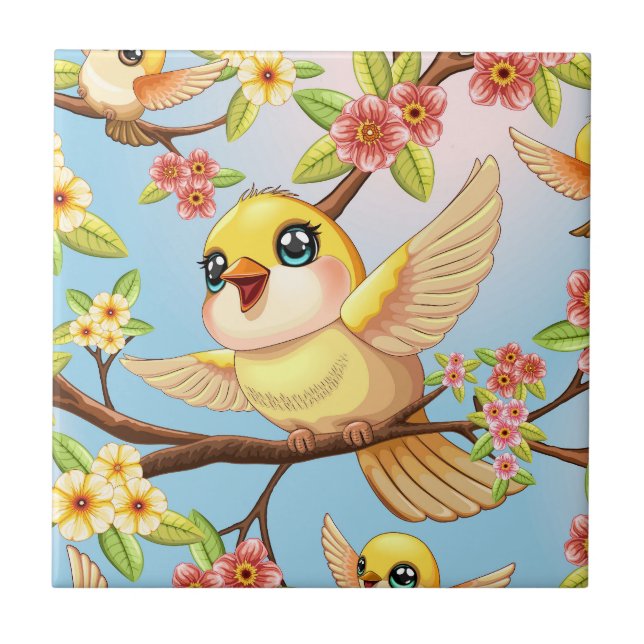Cute and Happy Birds among Spring Flowers Ceramic Tile (Front)