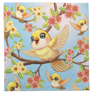 Cute and Happy Birds among Spring Flowers Cloth Napkin