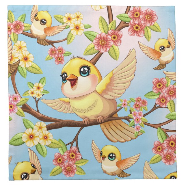 Cute and Happy Birds among Spring Flowers Cloth Napkin (Front)
