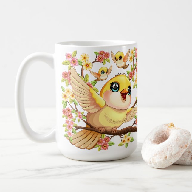 Cute and Happy Birds among Spring Flowers Coffee Mug (With Donut)