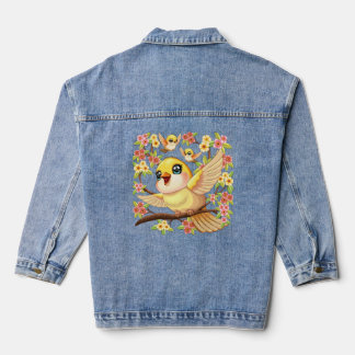 Cute and Happy Birds among Spring Flowers Denim Jacket