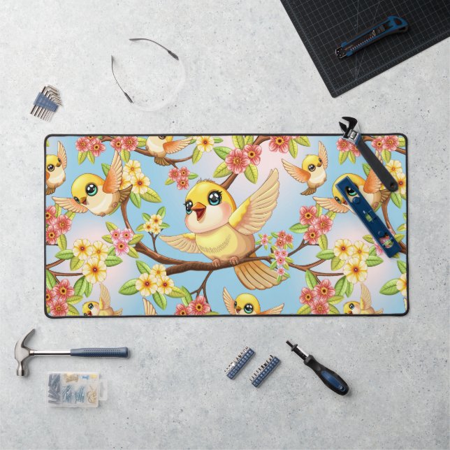 Cute and Happy Birds among Spring Flowers Desk Mat (Workstation)
