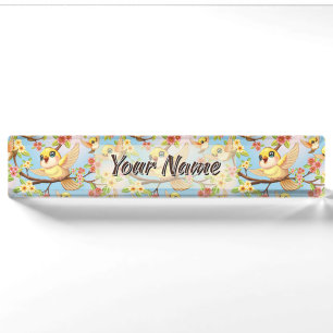 Cute and Happy Birds among Spring Flowers Desk Name Plate
