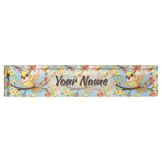 Cute and Happy Birds among Spring Flowers Desk Name Plate (Front)