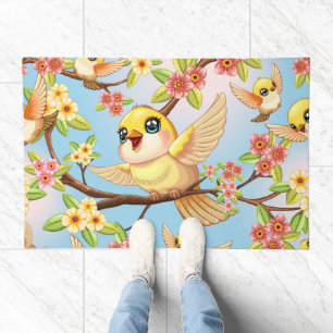 Cute and Happy Birds among Spring Flowers Doormat