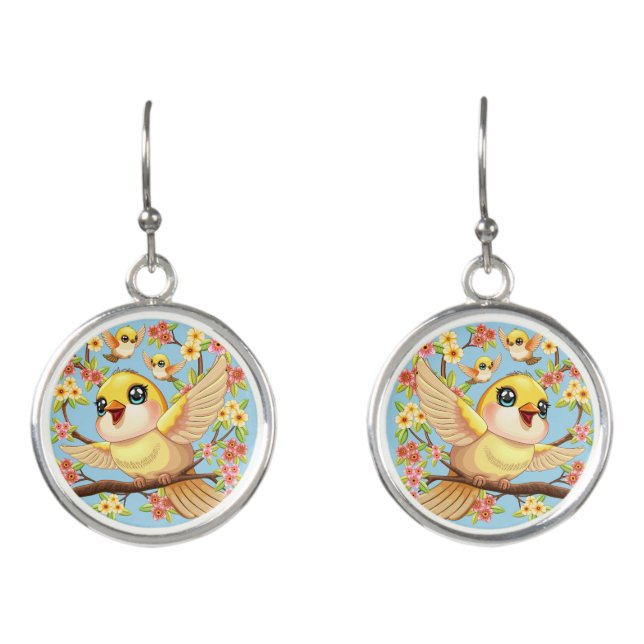 Cute and Happy Birds among Spring Flowers Earrings (Front)