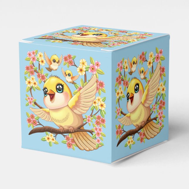 Cute and Happy Birds among Spring Flowers Favor Boxes (Front Side)
