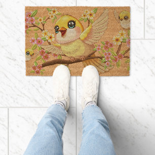 Cute and Happy Birds among Spring Flowers Fiber Doormat