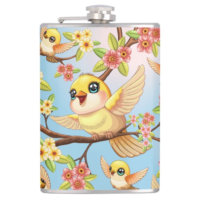 Cute and Happy Birds among Spring Flowers Flask (Front)