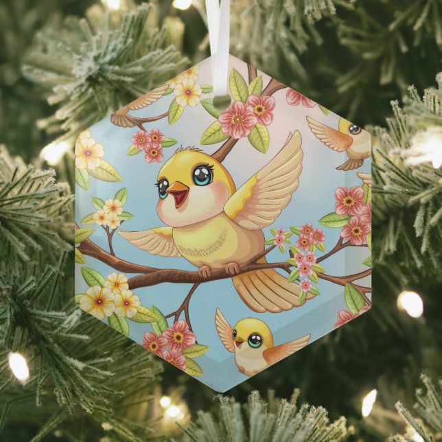 Cute and Happy Birds among Spring Flowers Glass Ornament (Insitu)