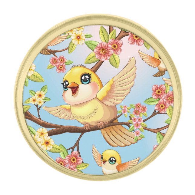 Cute and Happy Birds among Spring Flowers Gold Finish Lapel Pin (Front)