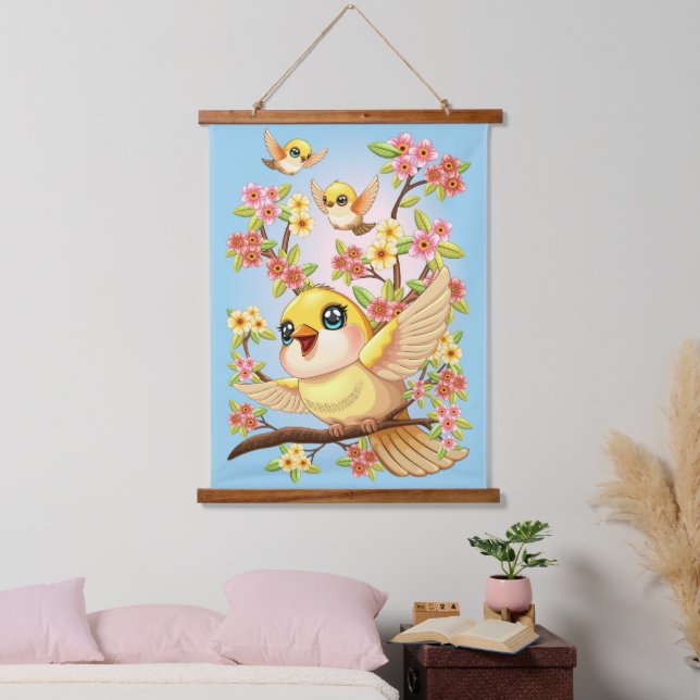 Cute and Happy Birds among Spring Flowers Hanging Tapestry (Bedroom)