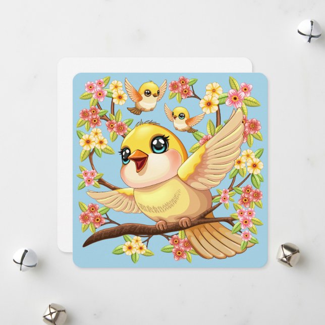 Cute and Happy Birds among Spring Flowers Holiday Card (Front/Back In Situ)