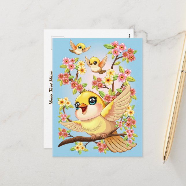 Cute and Happy Birds among Spring Flowers Holiday Postcard (Front/Back In Situ)