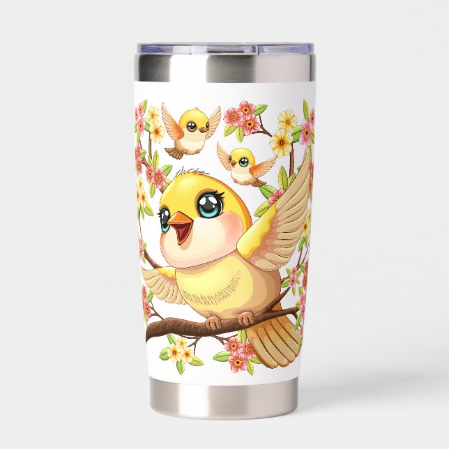 Cute and Happy Birds among Spring Flowers Insulated Tumbler (Front)