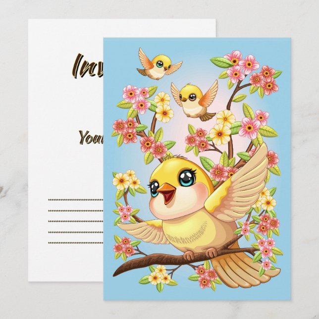 Cute and Happy Birds among Spring Flowers Invitation (Front/Back)