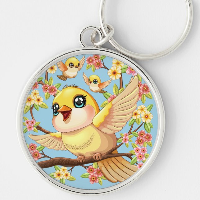 Cute and Happy Birds among Spring Flowers Keychain (Front)
