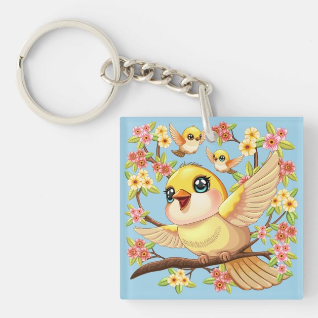 Cute and Happy Birds among Spring Flowers Keychain (Front)