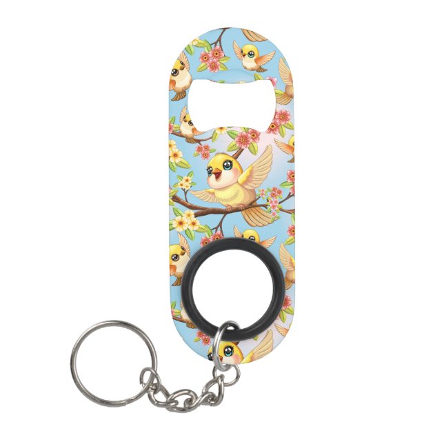 Cute and Happy Birds among Spring Flowers Keychain Bottle Opener (Front)