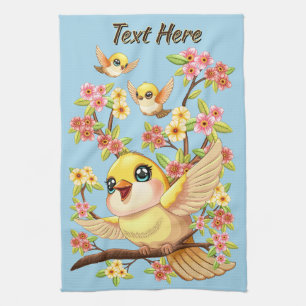 Cute and Happy Birds among Spring Flowers Kitchen Towel