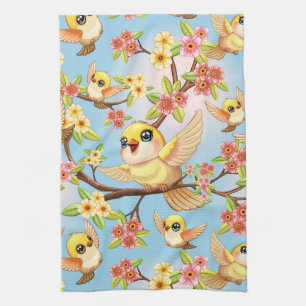 Cute and Happy Birds among Spring Flowers Kitchen Towel