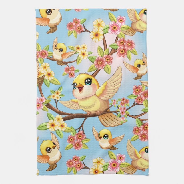 Cute and Happy Birds among Spring Flowers Kitchen Towel (Vertical)