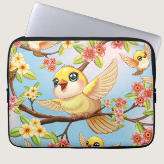 Cute and Happy Birds among Spring Flowers Laptop Sleeve