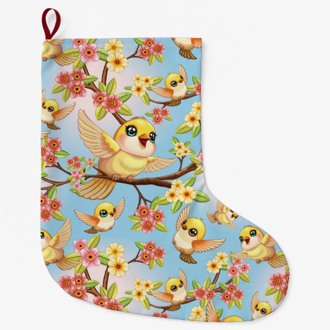 Cute and Happy Birds among Spring Flowers Large Christmas Stocking (Front)